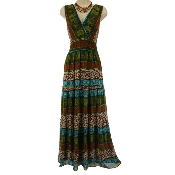 Roz & Ali Dresses & Skirts - Size 12 SOUTHWESTERN PRINT BOHO CHIC CHIFFON TIERED MAXI DRESS Spring Summer